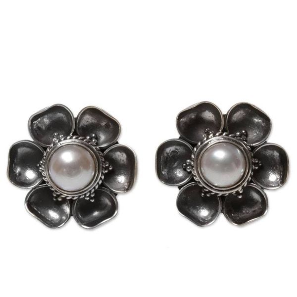 Alternate image for Cultured Mabe Pearl Button Earrings from Indonesia Blooming White Roses