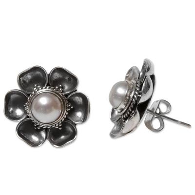 Alternate image for Cultured Mabe Pearl Button Earrings from Indonesia Blooming White Roses
