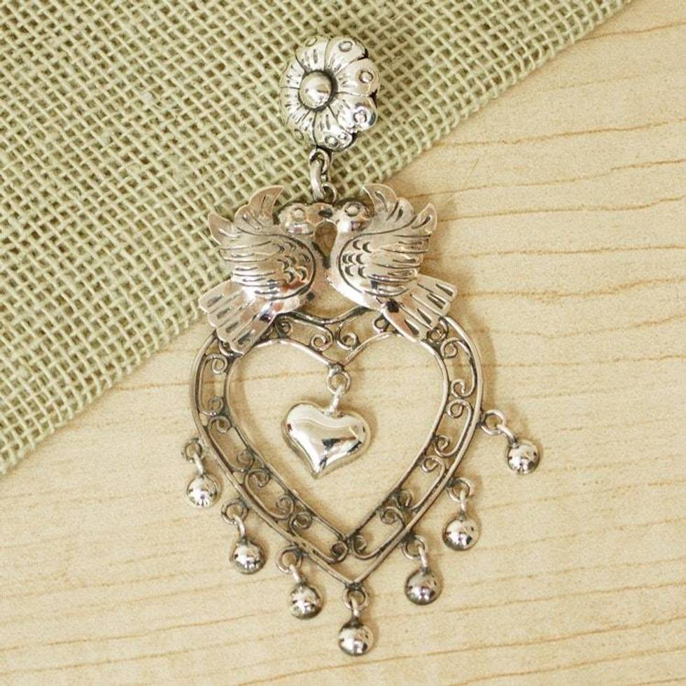 Taxco Silver Mazahua Antique Mazahua Style Pendant 'Doves in Love'