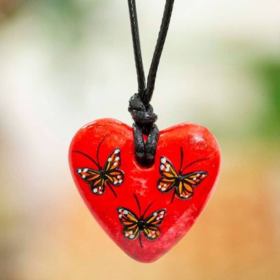 Primary image for Hand Painted Heart Shaped Monarch Pendant Necklace Monarchs on Red