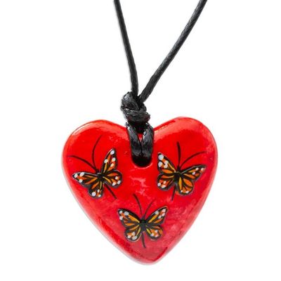 Alternate image for Hand Painted Heart Shaped Monarch Pendant Necklace Monarchs on Red
