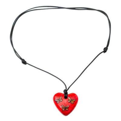 Alternate image for Hand Painted Heart Shaped Monarch Pendant Necklace Monarchs on Red