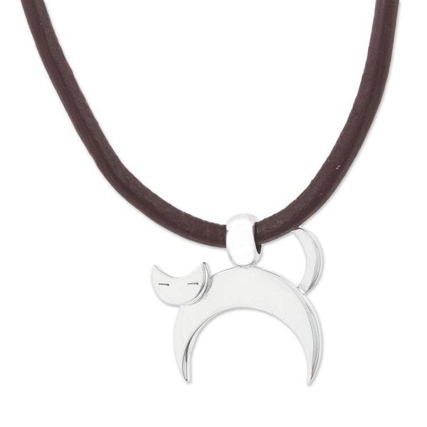 Alternate image for Adjustable Silver Cat Pendant Necklace from Mexico Felix the Cat