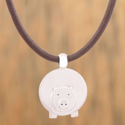 Alternate image for Adjustable Silver Pig Pendant Necklace from Mexico Manuel, A Chilean Pig