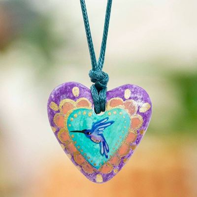Primary image for Hand Painted Heart Shaped Hummingbird Pendant Necklace Purple Hummingbird Heart