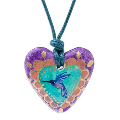 Alternate image for Hand Painted Heart Shaped Hummingbird Pendant Necklace Purple Hummingbird Heart