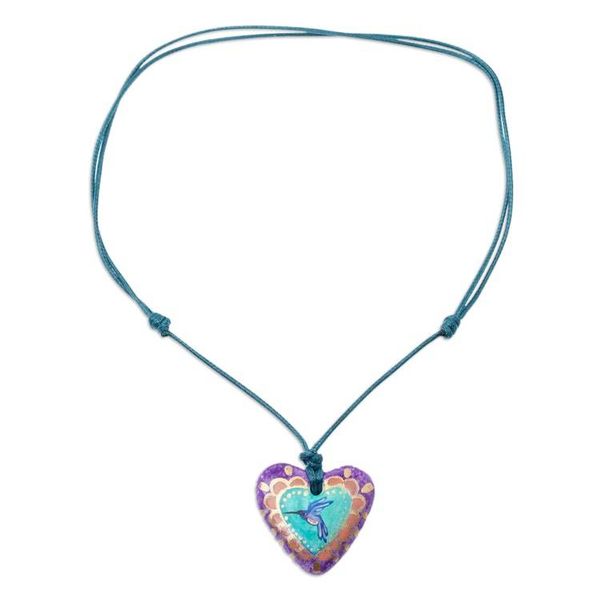 Alternate image for Hand Painted Heart Shaped Hummingbird Pendant Necklace Purple Hummingbird Heart