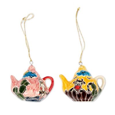 Alternate image for Two Handcrafted Ceramic Teapot Ornaments from Mexico Time for Tea