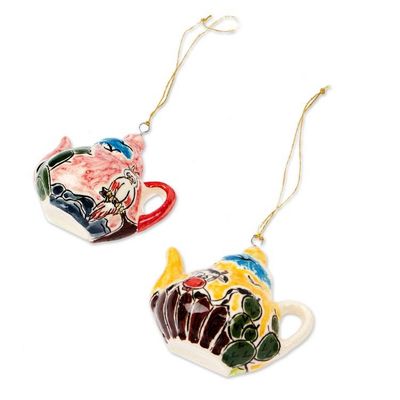 Alternate image for Two Handcrafted Ceramic Teapot Ornaments from Mexico Time for Tea