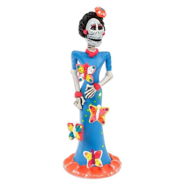 Alternate image for Painted Butterfly-Themed Frida Catrina Ceramic Sculpture Frida Catrina in Summer