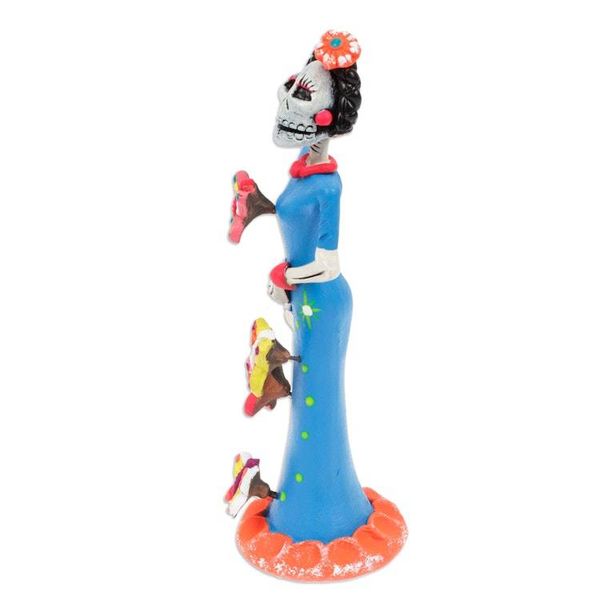 Alternate image for Painted Butterfly-Themed Frida Catrina Ceramic Sculpture Frida Catrina in Summer