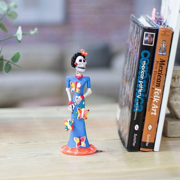 Alternate image for Painted Butterfly-Themed Frida Catrina Ceramic Sculpture Frida Catrina in Summer
