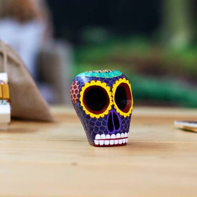 Primary image for Artisan Crafted Blue Wood Skull Figurine from Mexico Blue Death