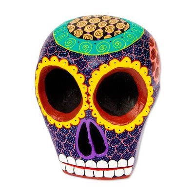 Alternate image for Artisan Crafted Blue Wood Skull Figurine from Mexico Blue Death