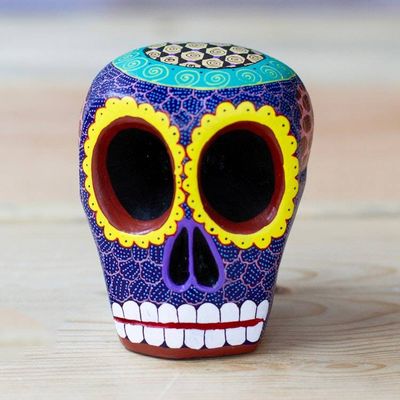 Alternate image for Artisan Crafted Blue Wood Skull Figurine from Mexico Blue Death