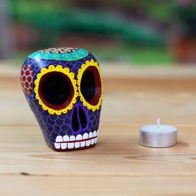 Alternate image for Artisan Crafted Blue Wood Skull Figurine from Mexico Blue Death