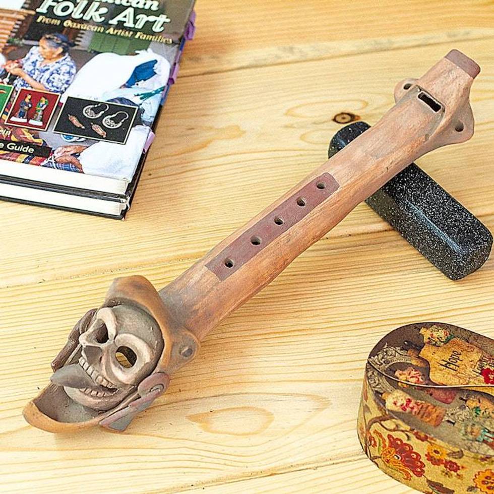 Handcrafted Aztec Warrior-Themed Ceramic Flute from Mexico 'Ancestor's Melodies'