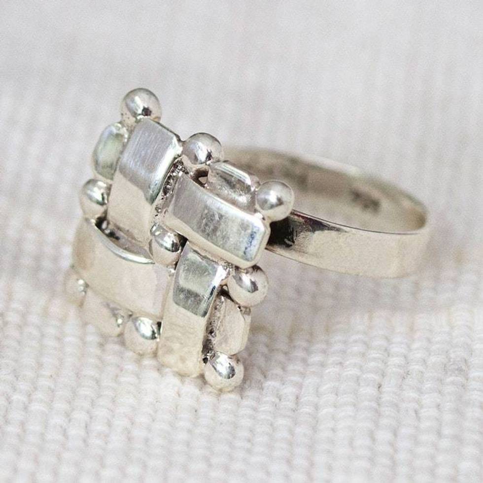 Polished Adjustable Taxco Sterling Silver Cocktail Ring 'Braided Gala'