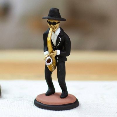 Alternate image for Ceramic Skeleton Saxophone Player Sculpture from Mexico Jazz de los Muertos