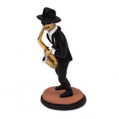 Alternate image for Ceramic Skeleton Saxophone Player Sculpture from Mexico Jazz de los Muertos