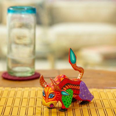 Alternate image for Multicolored Hand-Painted Wood Alebrije Bull Figurine Modern Bull