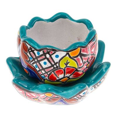Alternate image for Handcrafted Floral Ceramic Pot with Saucer in a Teal Hue Talavera Eden in Teal