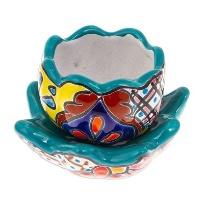 Alternate image for Handcrafted Floral Ceramic Pot with Saucer in a Teal Hue Talavera Eden in Teal