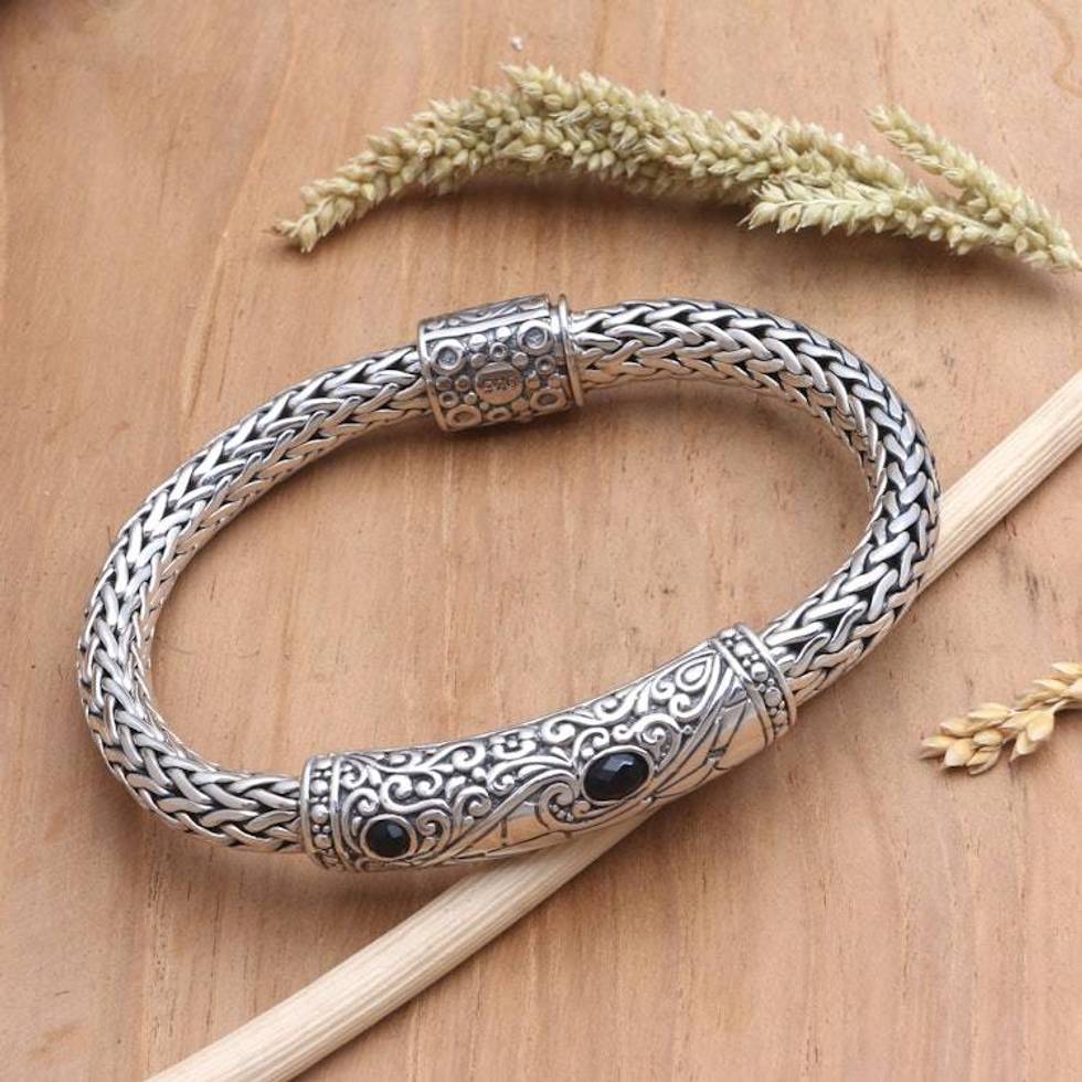 Men's Black Onyx and Sterling Silver Bracelet 'Nocturnal Mystery'