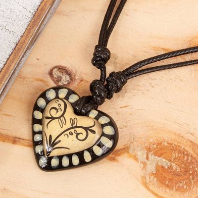 Primary image for Black Beige Hand Painted Papier Mache Heart Necklace Ruffled Valentine