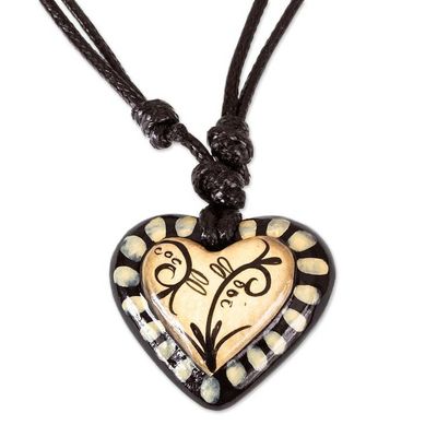 Alternate image for Black Beige Hand Painted Papier Mache Heart Necklace Ruffled Valentine