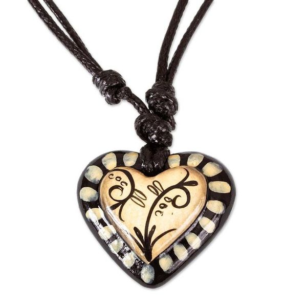 Alternate image for Black  Beige Hand Painted Papier Mache Heart Necklace Ruffled Valentine