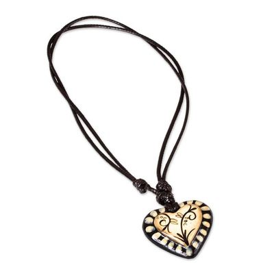 Alternate image for Black Beige Hand Painted Papier Mache Heart Necklace Ruffled Valentine