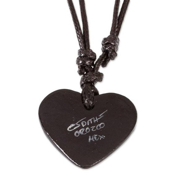 Alternate image for Black  Beige Hand Painted Papier Mache Heart Necklace Ruffled Valentine
