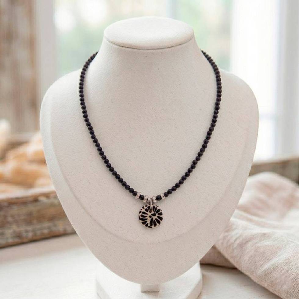 Talavera Style Agate Ceramic Crystal Beaded Pendant Necklace 'Black Feather Sky'
