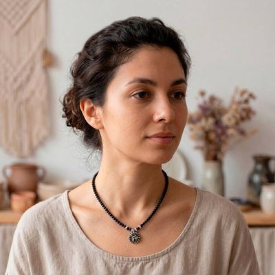 Alternate image for Talavera Style Agate Ceramic Crystal Beaded Pendant Necklace Black Feather Sky