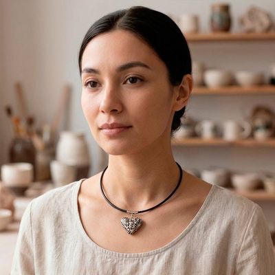Alternate image for Leather Necklace with Talavera Style Ceramic Heart Pendant Red Feather Heart