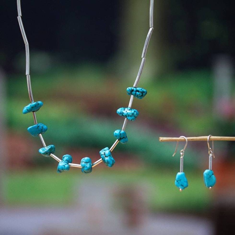 Reconstituted Turquoise Taxco Silver Earrings Necklace Set 'Bold Elegance'