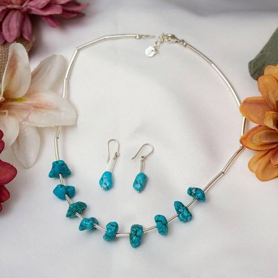 Alternate image for Reconstituted Turquoise Taxco Silver Earrings Necklace Set Bold Elegance
