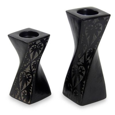 Alternate image for Artisan Crafted Black Ceramic Tealight Holders pair Lombok Goth