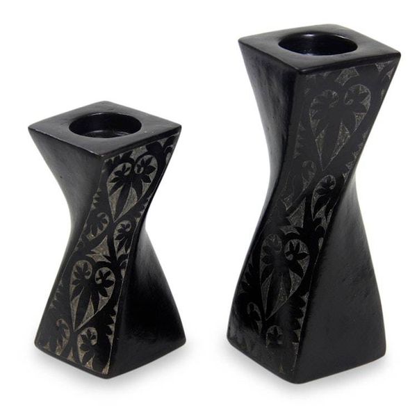 Alternate image for Artisan Crafted Black Ceramic Tealight Holders pair Lombok Goth