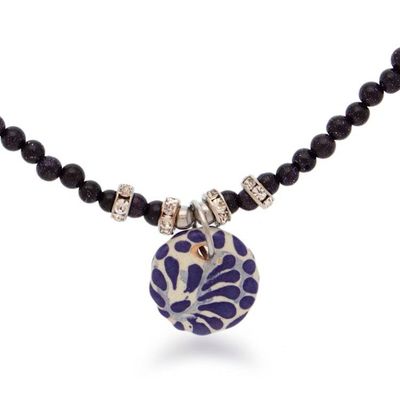 Alternate image for Talavera Style Painted Ceramic Lapis Lazuli Pendant Necklace Blue Feather Sky