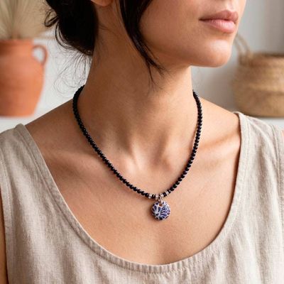 Alternate image for Talavera Style Painted Ceramic Lapis Lazuli Pendant Necklace Blue Feather Sky