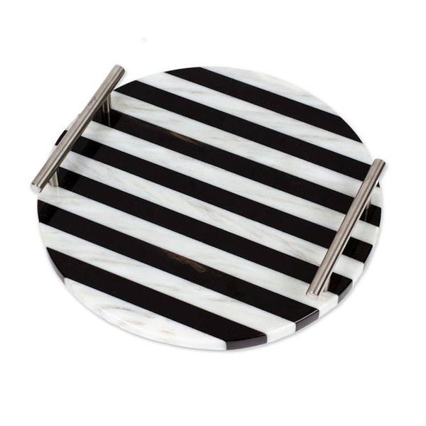 Alternate image for Striped Black and White Marble Tray with Silver Grey Handles Cosmopolitan Treats