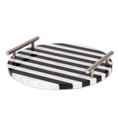 Alternate image for Striped Black and White Marble Tray with Silver Grey Handles Cosmopolitan Treats