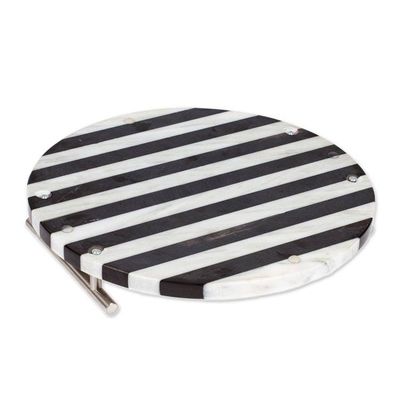 Alternate image for Striped Black and White Marble Tray with Silver Grey Handles Cosmopolitan Treats