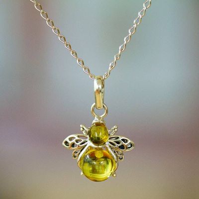 Primary image for 925 Silver Amber Bee Pendant Necklace with Openwork Accents Bubbly Bee