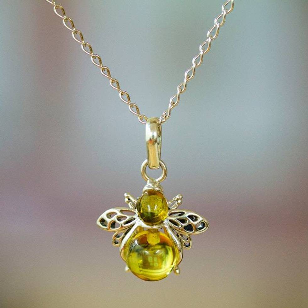 925 Silver Amber Bee Pendant Necklace with Openwork Accents 'Bubbly Bee'