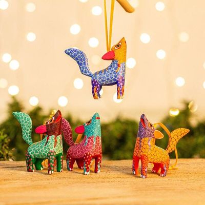 Primary image for Handmade Wood Alebrije Coyote Ornaments Set of 4 Howling Coyotes