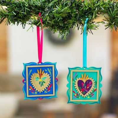 Primary image for Set of 2 Hand-Painted Classic Heart-Themed Wood Ornaments Sacred Adoration
