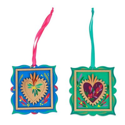 Alternate image for Set of 2 Hand-Painted Classic Heart-Themed Wood Ornaments Sacred Adoration